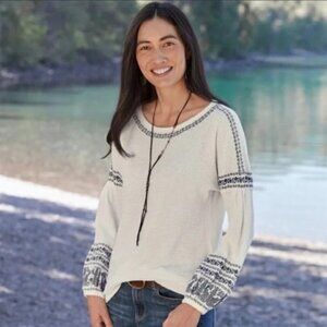 Sundance Lila White Waffle Knit Embroidered Navy Top Nordic Fair Isle Boho S